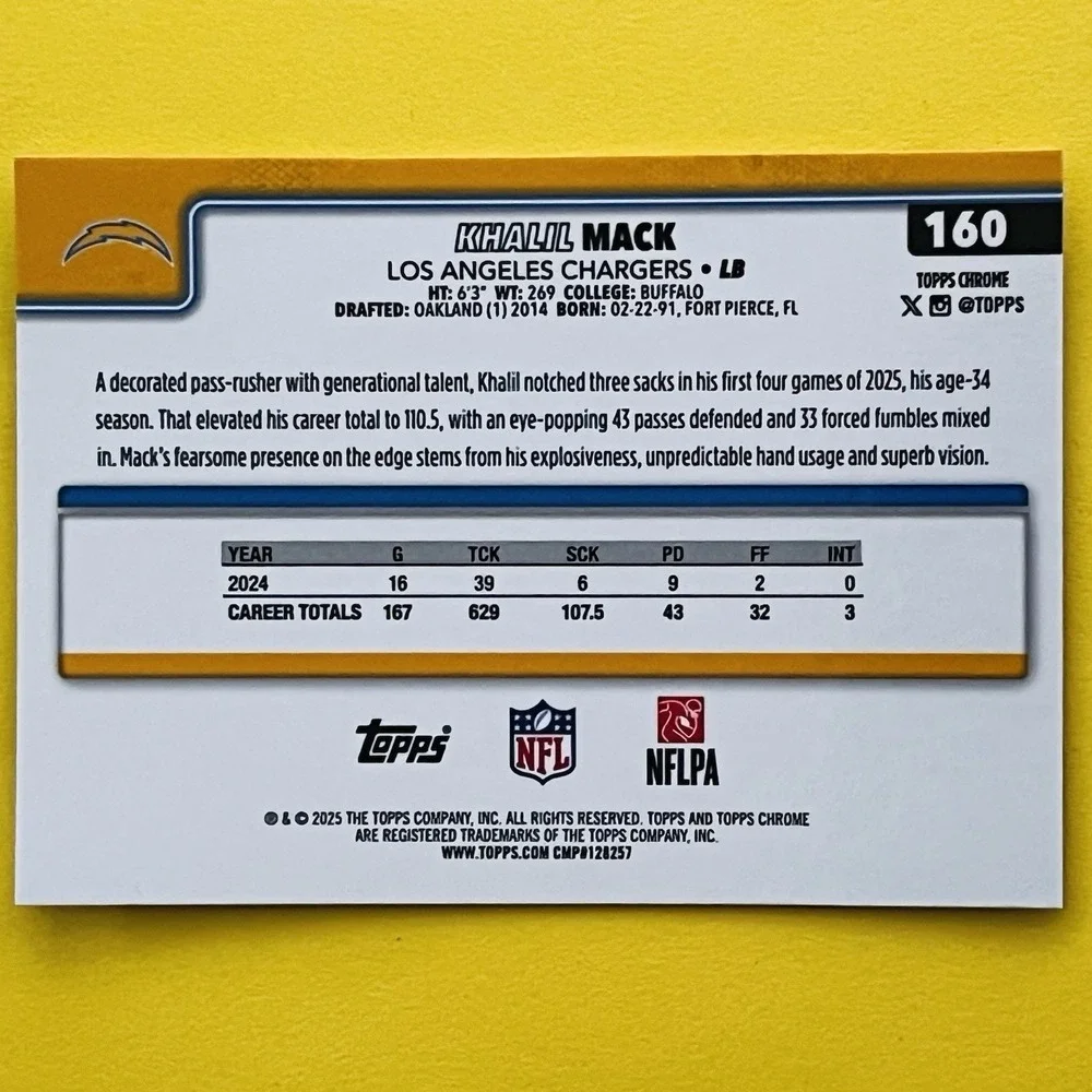 2025 Topps Chrome FNL Football‎ Khalil Mack #160 Los Angeles Chargers Base Card